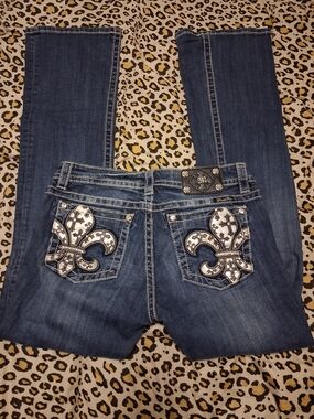 30x34 Miss Me Dark Blue Boot Cut Jeans with Embroidered Fleur-de-lis